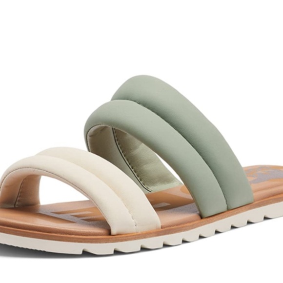 Sorel Ella II Puffer Slide Sandals Black Flat Sole Leather Cream & Green Size 6 - Picture 5 of 11